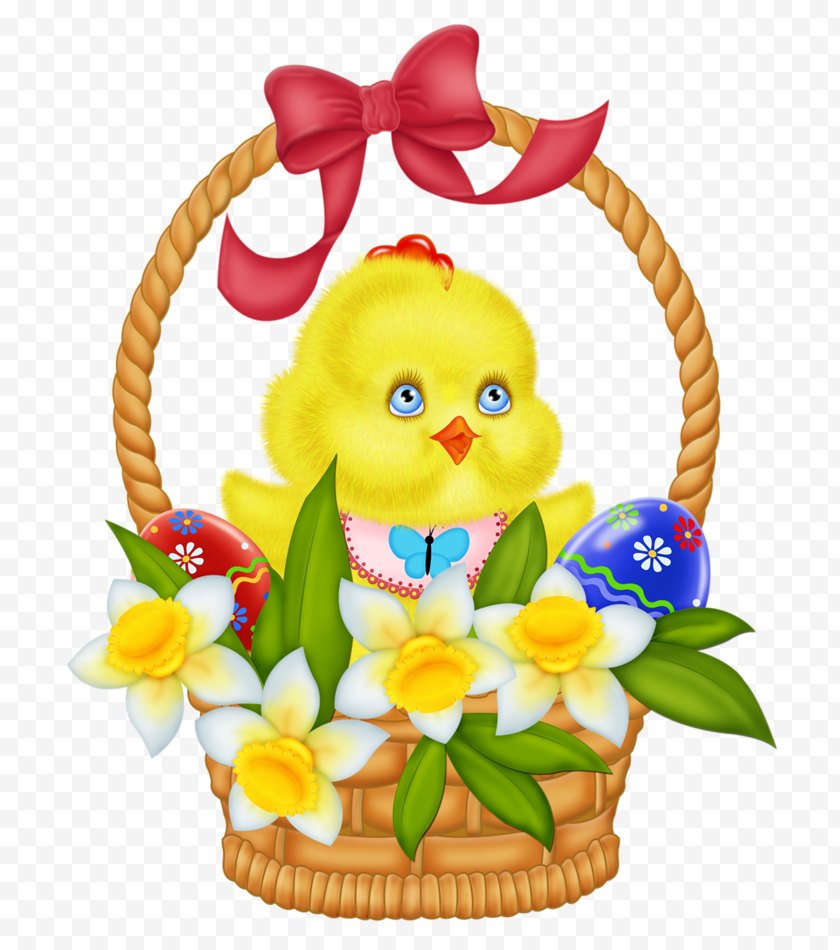 Easter Basket - Bunny Chicken Clip Art - Flowering Plant - With Eggs And Daffodils Picture Free PNG